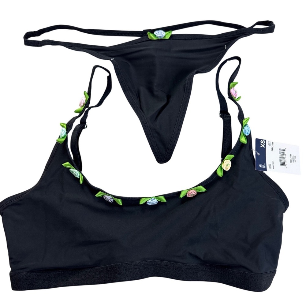 Parade Eightball Black Floral Rosette Bralette and Thong Lingerie Set XS New